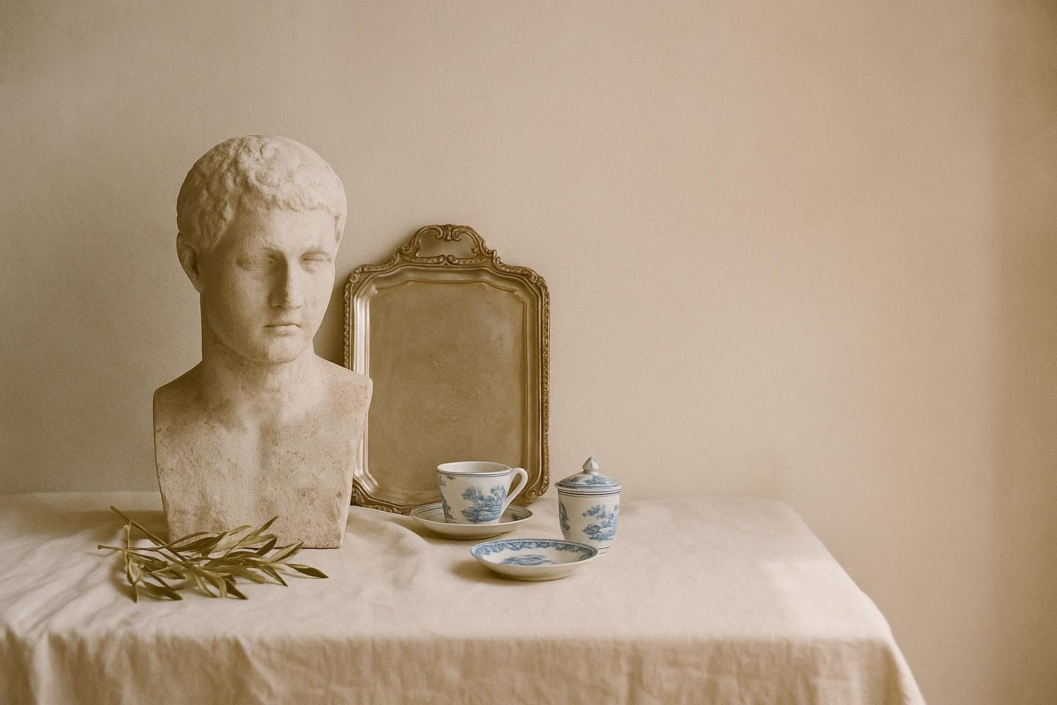A still life of European antiques in soft natural light